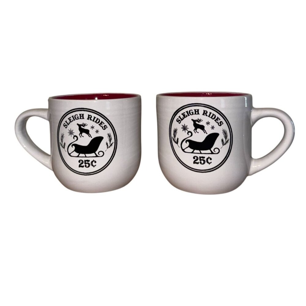 Set Of 2 White Ceramic "Sleigh Rides 25¢" Mugs With Red Interior 16 Oz Capacity